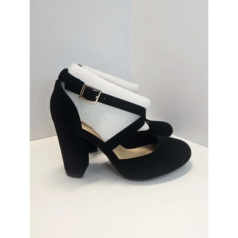 Pumps Chunky Heels Black Nubuck Suede Ankle Strappy With Buckle Women Size‎ 5.5